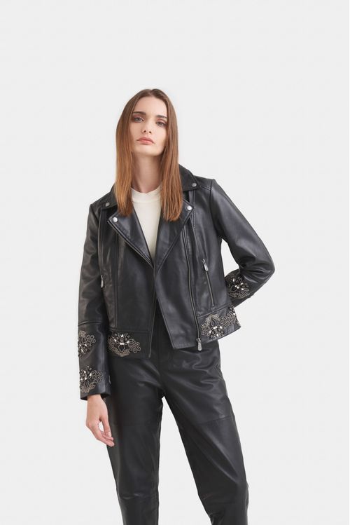 Iris Leather Biker Jacket for Women with Embroidered Bead Detailing