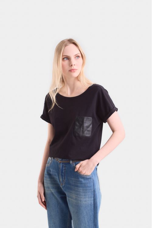 Women's Short Sleeve Blouse with Leather Pocket