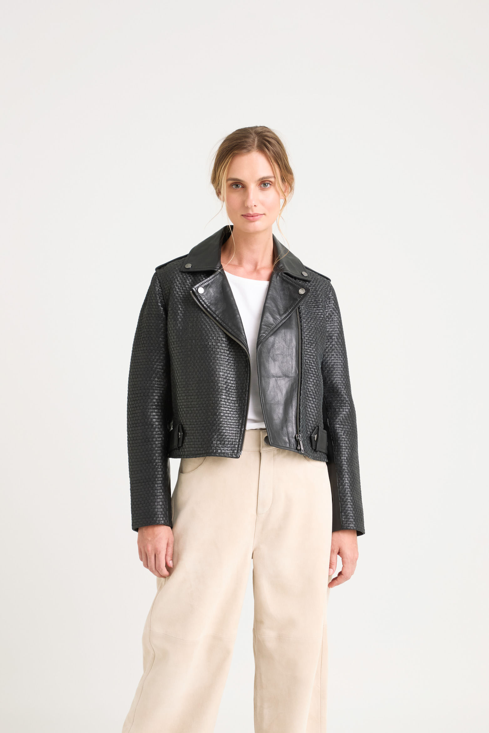 ランキングや新製品 Claire Leather Woven Biker Jacket for Women パンツ