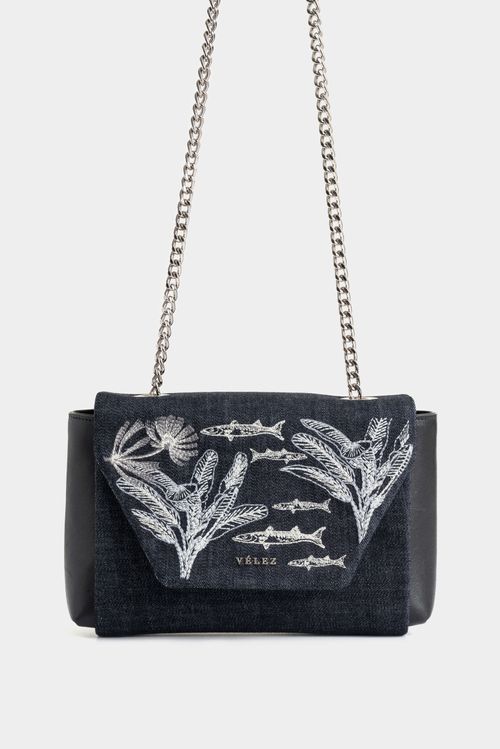 Lili Bowling Bag in Denim and Leather with Embroidery for Women